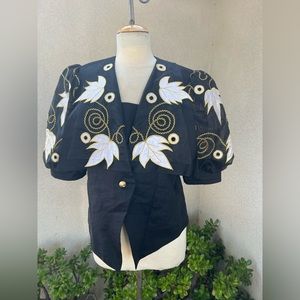 Vintage linen glam blouse top gold white floral accents Sz Lg by DaVinci Italy